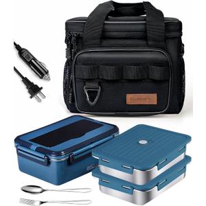 Electric Lunch Box Food Heater 80W Heated LunchBoxes for Adults Work/Car/Truck/Home, 1.8L Portable Food Warmer Heating Lunchbox with Insulated Lunch Bag 12V 24V 110V (Blue)