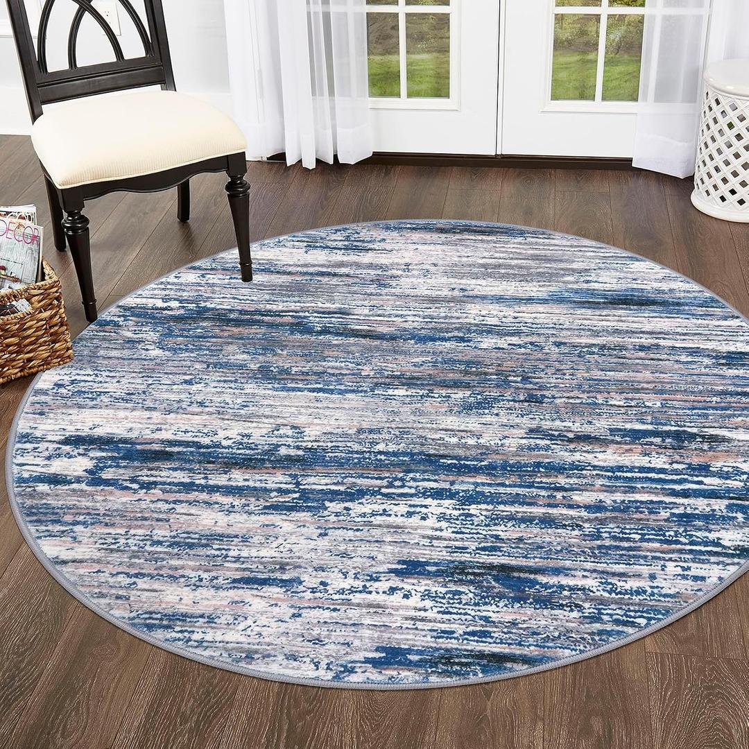 SIILOOM 5' Round Rug Washable Rug for Entryway, Navy Blue Gray Neutral Multi Soft Non-Slip Area Rugs Modern Abstract Low-Pile Carpet, Neutral Vintage Circle Rugs for Living Room Dining Bedroom Foyer