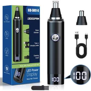 Ear & Nose Hair Trimmer with LED Display for Men Women,Painless USB Rechargeable Eyebrow & Facial & Nose Hair Trimmer Clipper,Professional IPX7 Waterproof Dual Edge Blades (Black)