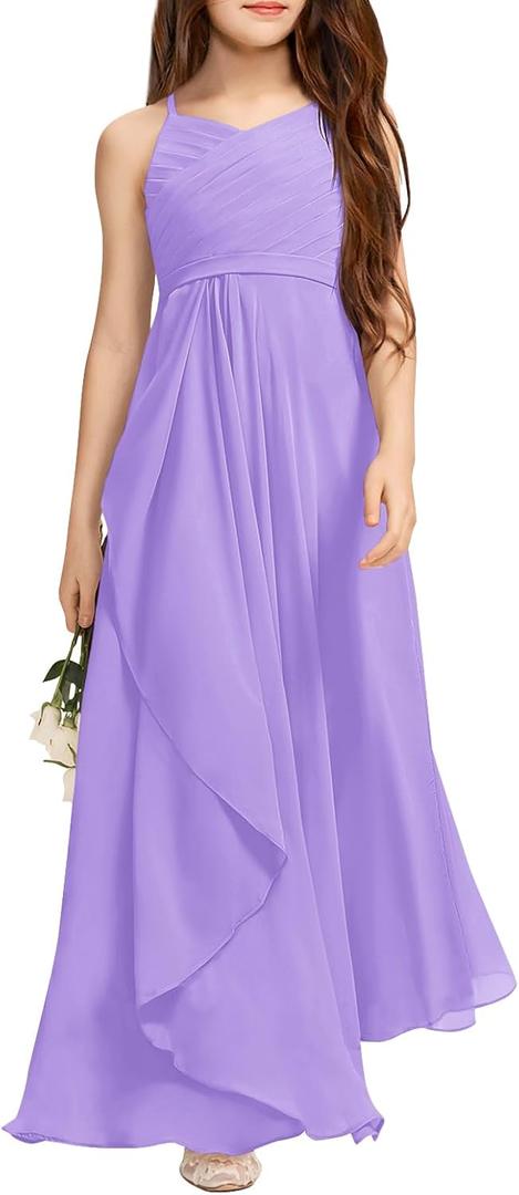 Imily Bela Girls A-Line Halter Dress Junior Bridesmaid Flower Girl Flowy Chiffon Maxi Dresses Wedding Party Pageant Gown, Si10-12 Y
