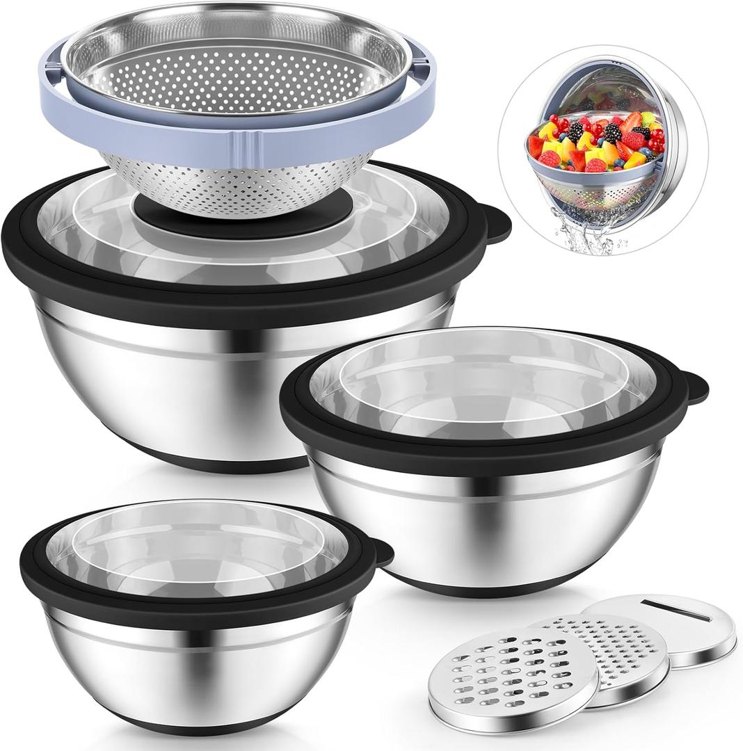 P&P CHEF Mixing Bowls with Lids Set of 3, Stainless Steel Mixing Bowl and Colander for Kitchen, 3 Grater Attachments & Non-Slip Bottoms, Visible & Airtight Lid, Black