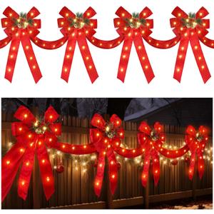 13 FT Christmas Bows Fence Decoration, 140LED Lighted Large Christmas Bows Decoration with 8 Mode and Timing Ornament for Party Front Door Fireplace (Red,Ribbon)