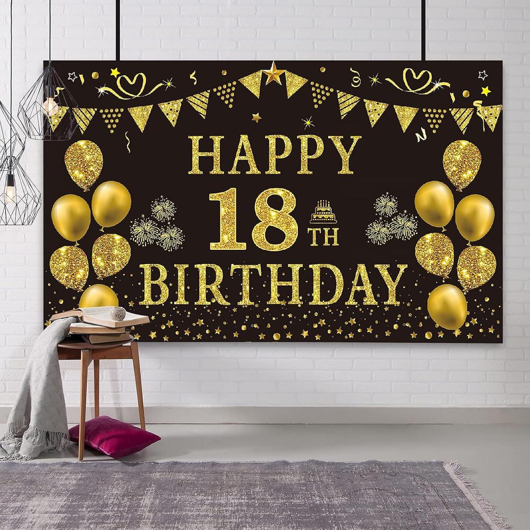 Trgowaul 18th Birthday Decorations for Men - Black Gold Backdrop Banner 5.9 X 3.6 Fts Happy Birthday Photography Supplies Background Party Decorations for Boys