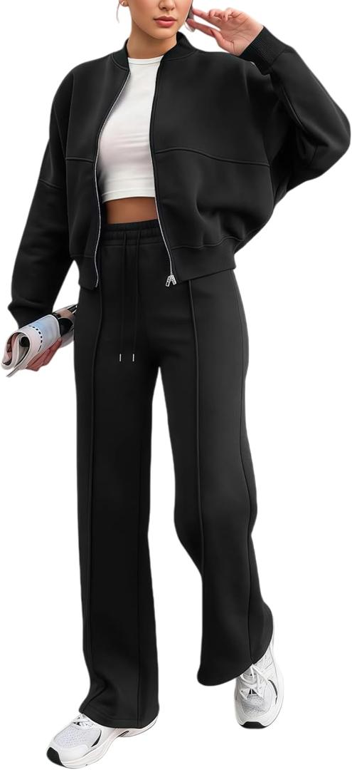 Women's Two Piece Tracksuit, Sets for Women 2025 Sweatsuit 2 Piece Outfits Sweatshirt workout sets for women (Large, Black)
