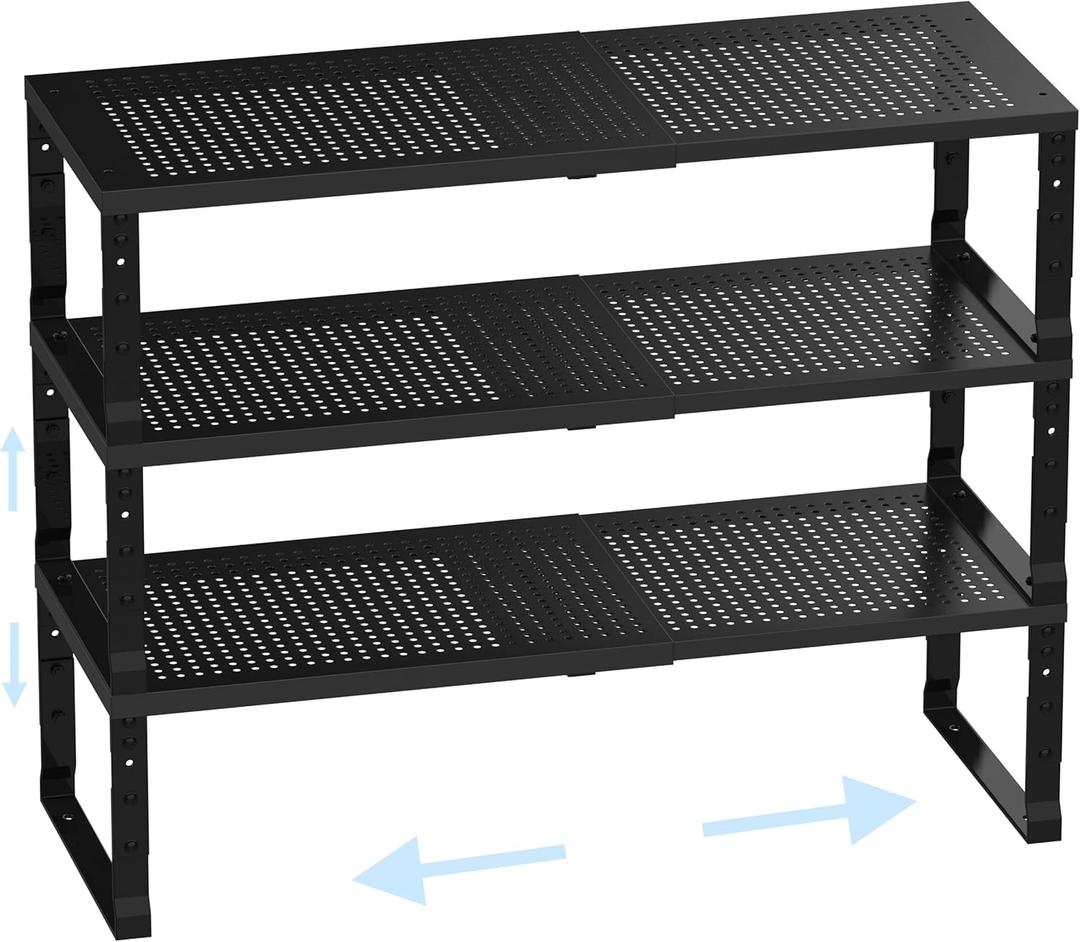 Cabinet Shelf Organizer, Spice Rack,Stackable, Expandable, Rust Resistant, Convenient Kitchen Storage, Metal Shelf for Kitchen, Countertop, Restroom(3Packs/Black,Medium)