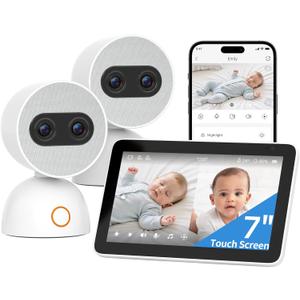 Simsky Split Screen Video Baby Monitor with 2 Cameras, Dual 4MP Cameras with 6X Zoom, 7" UHD Touch Screen Portable Audio Baby Monitor, App Remote Access 32GB Local Storage