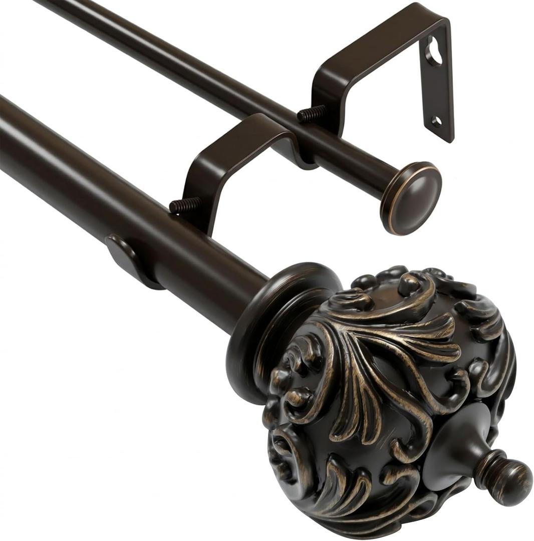 Double Curtain Rods for Windows 72 to 144 Inches, 1 Inch Diameter Heavy-duty Adjustable Double Curtain Rods, With Classic Decorative Finials for Bedrooms and Living Rooms.Bronze