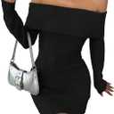 GORGLITTER Women's Off The Shoulder Sweater Dress Folded Neck Long Sleeve Knitted Bodycon Mini Dresses Fall Trendy (Black, S)