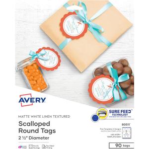 Avery Printable Blank Scallop Round Gift Tags with Sure Feed, 2.5" Diameter, Textured White, 90 Customizable Tags 