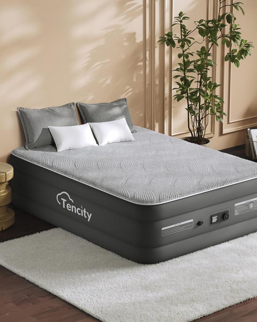 Fast Inflate AirBed, Quiet & Comfortable Blow Up Bed for Home Guests, Camping, Travel, 20” Tall Luxury Air Mattress with Quilted Foam Topper, U-shaped PVC strap for Extra Firm Support, Inflatable Bed, 20"Queen