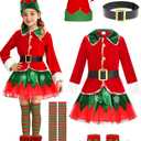 Elf Costume for Kids Girls Christmas Toddler Girl Elf Dress Costume (7-8 Years, Red)