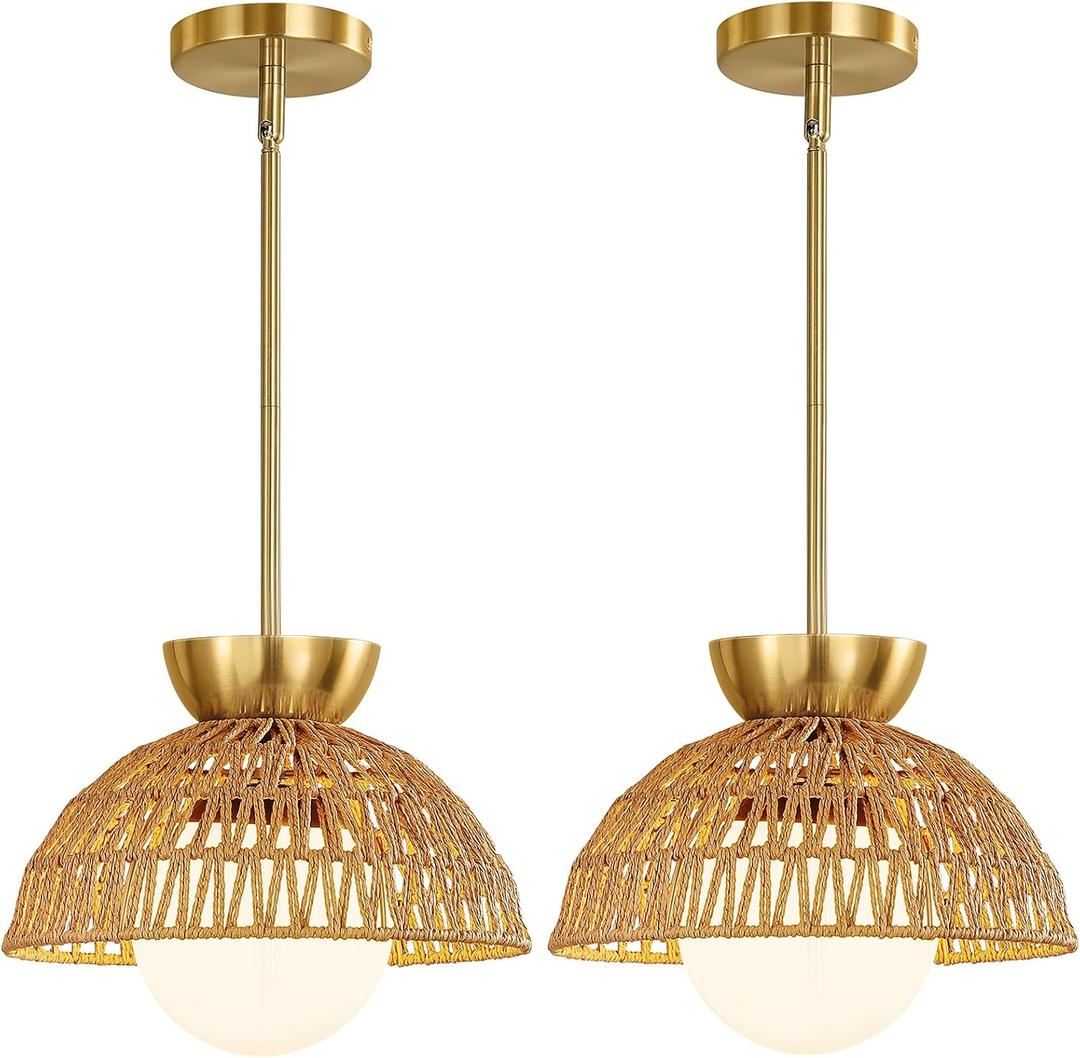 2 Pack Rattan Pendant Light, 11.8" Hand Woven Boho Pendant Light Fixture with Milk Glass Globe, Gold Kitchen Island light Fixtures Adjustable Chandelier for Dining Room Hallway Foyer Restaurant