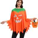 2 x 3 PCS Glow in the Dark Pumpkin Costume for Women - Halloween Outfit with Headband, Candy Bag, Wrinkle-Resistant Poncho (One Size, Fits Over Sweaters)