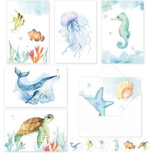 Whaline 30 Pack Watercolor Ocean Greeting Cards Turtle Whale Jellyfish Stationery Cards with Envelopes Stickers Summer Sea Blank Note Cards for Party Invitation Supplies, 4 x 6 Inch