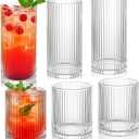 Ribbed Drinking Glasses 7 pcs, Glassware, Tumbler Glasses Cup Set for Wedding, Party, Christmas Gift, Clear