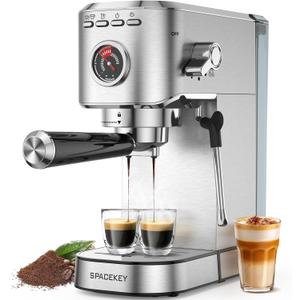 Spacekey Espresso Machine 20 Bar, 1350W Expresso Coffee Machines with Milk Frother, Compact Stainless Steel Espresso Maker with 39oz Removable Water Tank for Cappuccino, Latte, Americano, Silver