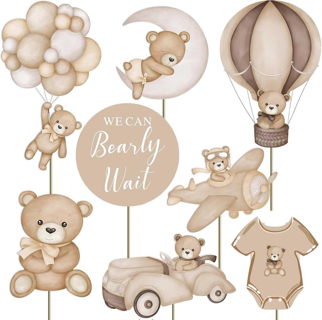 16Pcs Bear Baby Shower Centerpieces for Cake Table Decorations We Can Bearly Wait Baby Shower Decorations for Boy Bear Cake Toppers Bearly Wait Baby Shower Party Decorations