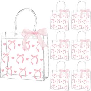 QOUBAI 24Pcs Pink Bow Clear PVC Gift Bags With Handles Bow Goodie Treat Candy Bag Pink Bows Theme Present Wrap Tote Bags for Birthday Party Favor Baby Shower Decoration Supplies 8 x 8 x 3in
