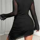 BEAUDRM Women's Plus Size Bodycon Dresses Long Bell Sleeve Wedding Guset Dress Mesh Sheer Party Club Mini Short Dresses (Black)