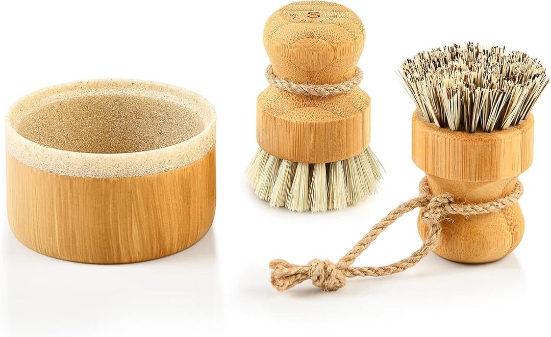 SUBEKYU Bamboo Dish Brush Set with Soap Holder, Wooden Dish Scrubber with Soap Dispenser, Natural Kitchen Scrub Brush, Washing Pot/Pans/Cast Iron, 2 Pack, Sisal + Coconut Palm Bristles (Regular size, Sandstone Base +Sisal 1p+palm 1p)