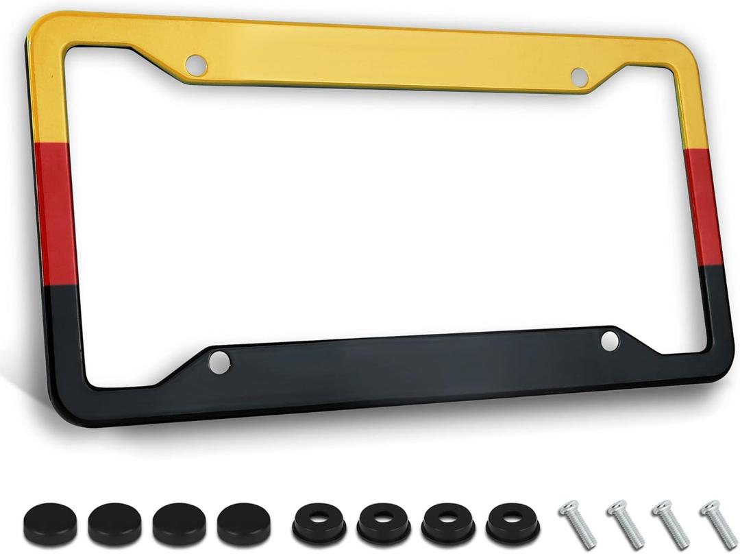 German Flag License Plate Frame Stainless Steels Patriotic Black Car Tag Holder Frames with 4 Holes and Screws 12 x 6 Inch Decoration for US Vehicles Standard for Women Men