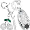 Sparkly Key Fob Cover with Cherry Keychain, Bling TPU Smart Key Case for Women, Compatible with Nissan Altima Armada Maxima Murano Pathfinder Rogue Sedan Sentra Versa (5-Button, Silver)