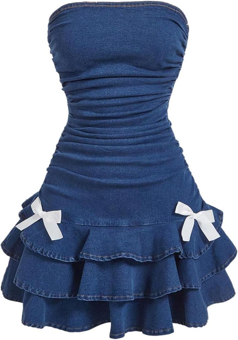 WDIRARA Women's Strapless Denim Mini Dress Bandeau Layered Ruffle A Line Bow Dresses (Medium)