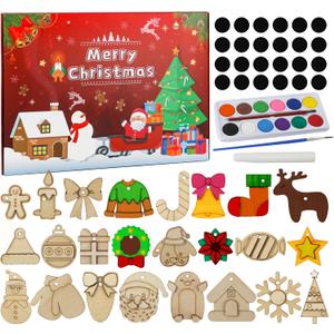 Craft Advent Calendar 2025-24 Days Christmas Countdown Calendar Wooden Art Crafts Painting Kit - DIY Wooden Magnets Christmas Ornament Kit - Christmas Party Favor Gifts for Adults