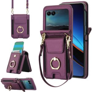 Phone Case for Moto Razr 50/Moto Razr 2024 Wallet Cover with Ring and Crossbody Wrist Strap Lanyard Credit Card Holder Slot Stand Cell Leather Purse INE-LX1 Razor Razer Women Men Girls Dark Purple