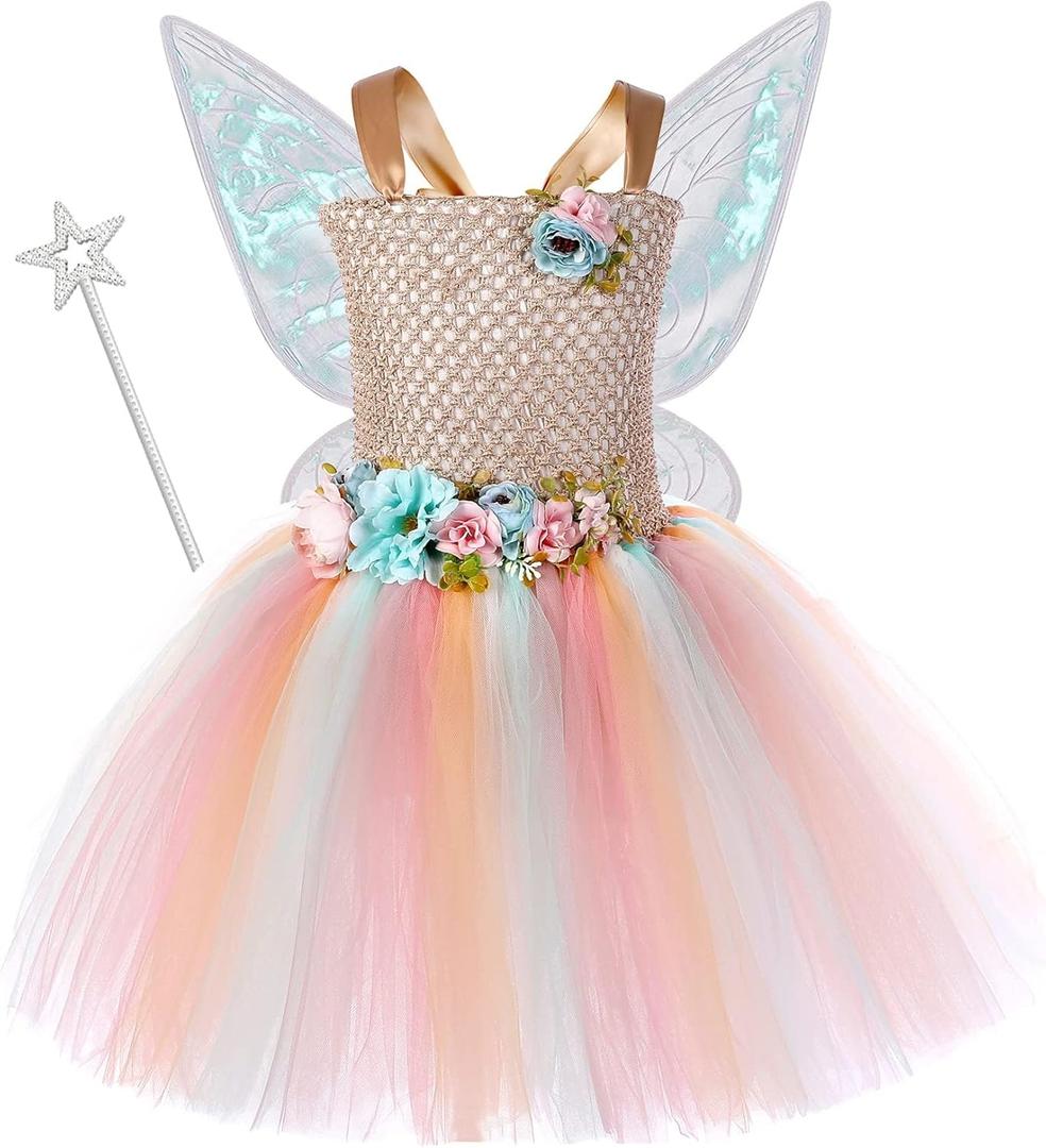 Tutu Dreams Long Train Fairy Princess Dress for Girls 1-8Y with Wings Set Birthday Party (Large, Brown)