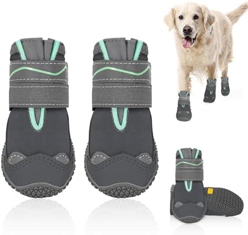 SlowTon Dog Shoes for Large Small Medium Dogs - Waterproof Dog Boots for Summer Hot Pavement, Paw Protector for Outdoor Walking Winter Snow, Anti-Slip Rubber Dog Booties for Hardwood Floor (GY, 7)