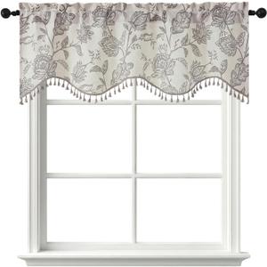 Scalloped Valance for Windows - Farmhouse Light Filtering Faux Linen Textured Fabric Floral Patterned Kitchen Valance with Tassels for Cafe Living Room Basement Laundry, 1 Piece, 52Wx18L, Grey
