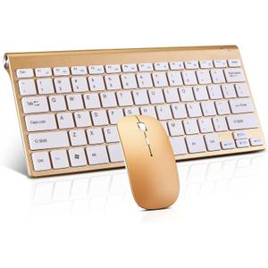 Wireless Keyboard and Mouse Combo, Compact Quiet Wireless Keyboard and Mouse Set 2.4G Ultra-Thin Sleek Design for Windows, Computer, Desktop, PC, Notebook, Laptop (GHKM03 Gold 01)