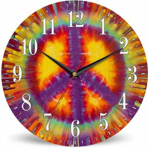Mxocom Tie Dye Peace Sign Wall Clock Abstract Colorful Vibrant Hipple Symbol 10 Inch Silent Non Ticking Battery Operated Clock Vintage Round Clock for Living Room Bedroom Bathroom Office Decor