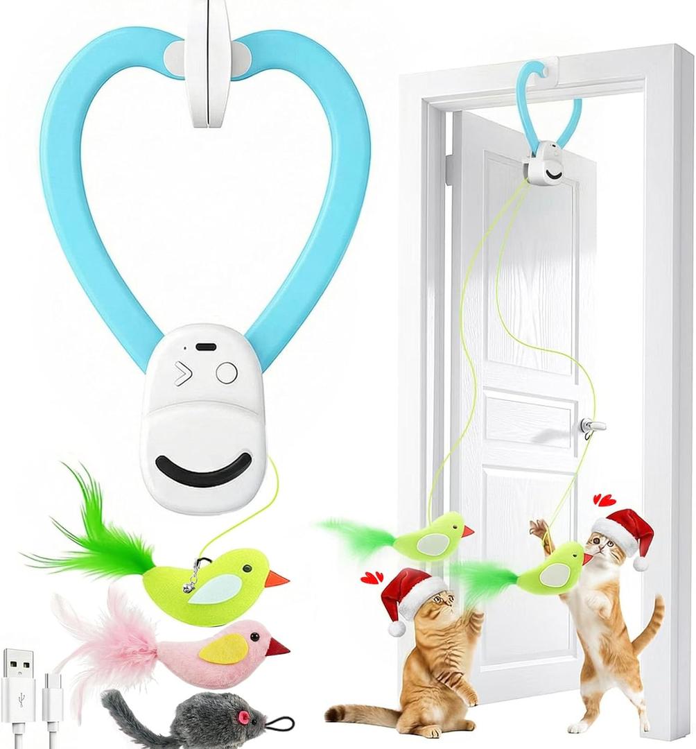 Interactive Cat Toys for Indoor Cats: Automatic Flying Bird Feather Wand Chase Exercise Enrichment Stimulation, USB Rechargeable Durable Safe Hanging Toy for Bored Kittens Adult Multi Cat Households (Blue)