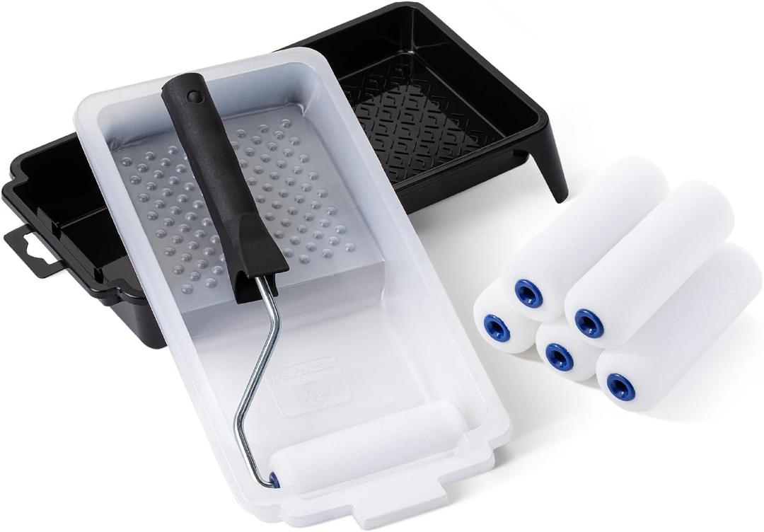 Bates- 4 Inch Foam Paint Roller Set, 8 pcs, Small Paint Roller Kit, 1x Black Plastic Paint Tray, 1x Tray Liner, 1x Roller Frame & 5X Foam Covers