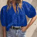 BETTE BOUTIK Women's Long Short Sleeve Tops 2025 Dressy Casual Button Hollow Out Lace Embroidered Blouses Shirts (Blue, XL)
