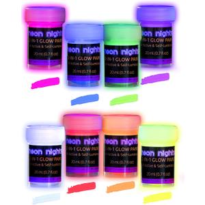 neon nights 2-IN-1 Glow In The Dark Acrylic Paint Set Glows in the Dark & under UV Blacklight - Set of 8 Self-Luminous Neon Paints for Halloween - German Premium Quality - 8 x 20 ml /