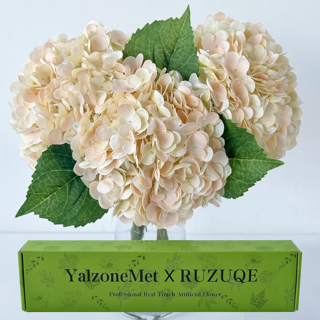 YalzoneMet 3 PCS Champagne Pink Hydrangea Artificial Flowers 21 inches Real Touch Faux Latex Hydrangea Flowers for Wedding Tables Centerpieces Boho Fake Flowers for Party Home Kitchen Decor