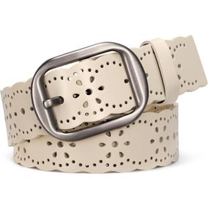 JASGOOD Women's Hollow Flower Genuine Leather Belt for Jeans Pants Wide Belt for Ladies (Beige, S)