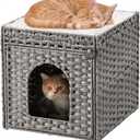 Cat Beds for Indoor Cats Extra Large Double Cat Cave Pet Cube, Handwoven Rattan Cat Houses with Double-Sided Soft Cushions, 18.5 x 20.5 x 19.1 Inches Foldable Hideaway in Living Room Gray