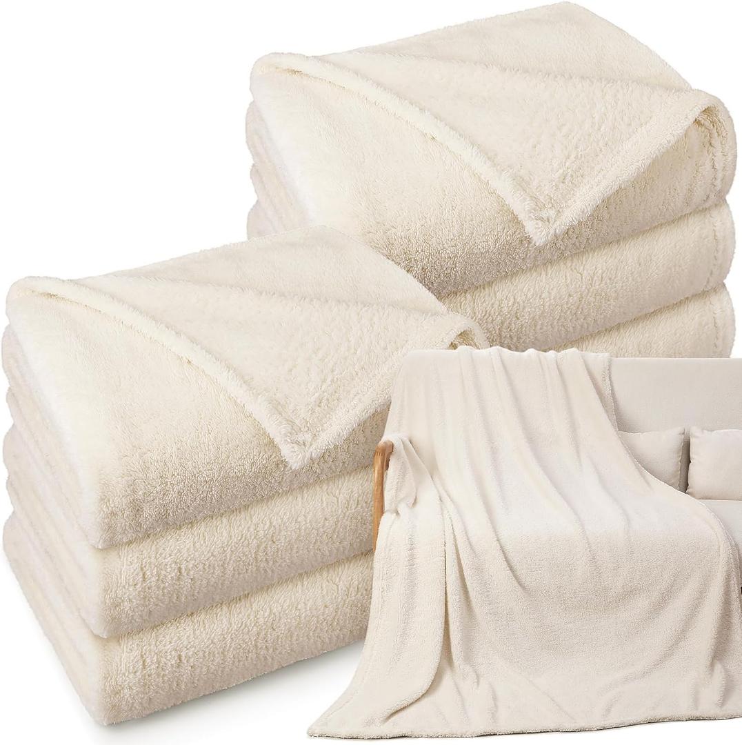 Tinideya 6 Pack Sherpa Fleece Throw Blankets Bulk 50"x 60" Soft Plush Wedding Throw Blankets for Couch Sofa Spa Sleepover Party Favor Supplies Travel Guest Room Home Decor (Ivory)