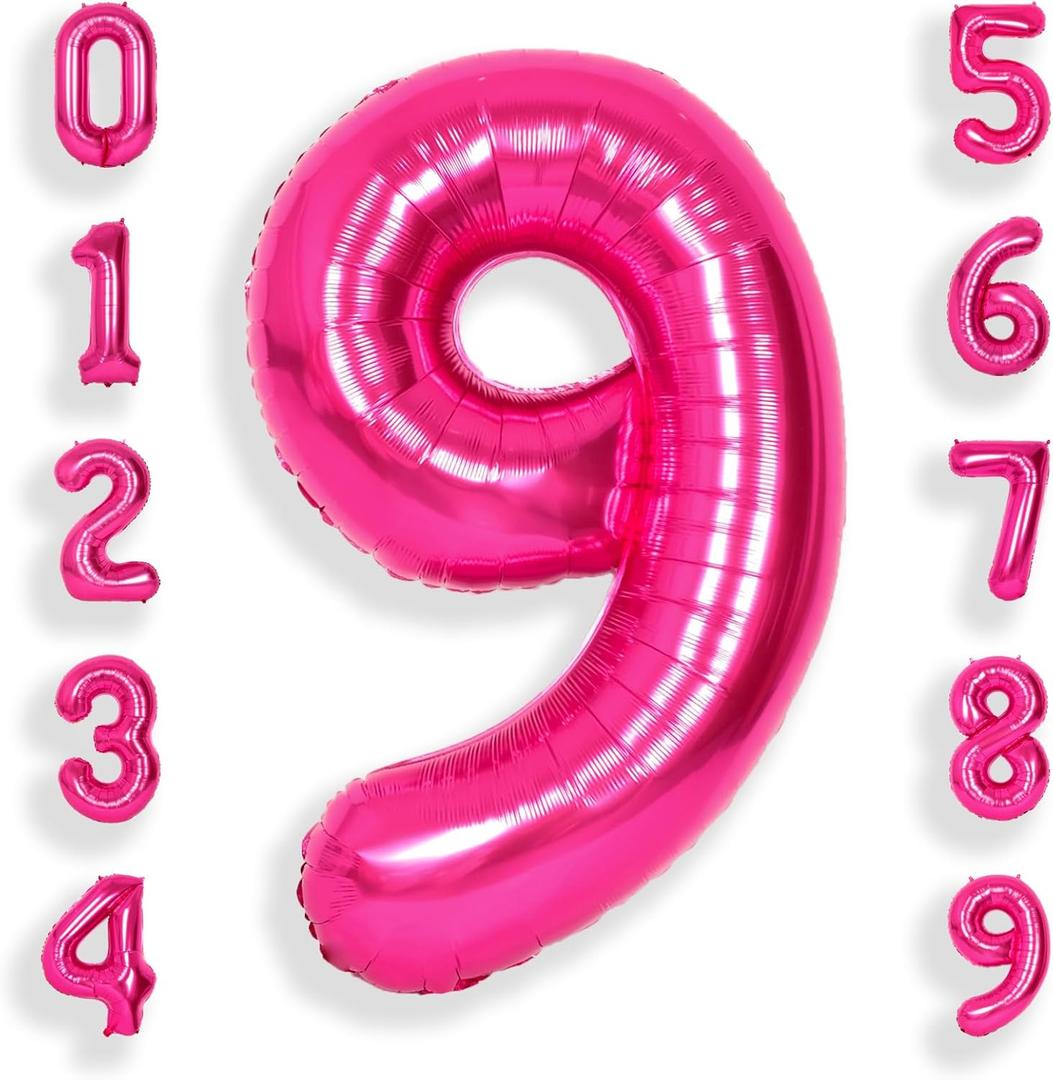 SUWEN 40 Inch Hot Pink Large 9 Number Balloons Big Foil Helium Number Balloons 0-9 Jumbo Happy 9th Mylar Birthday Party Decorations for Girl Anniversary Party Supplies