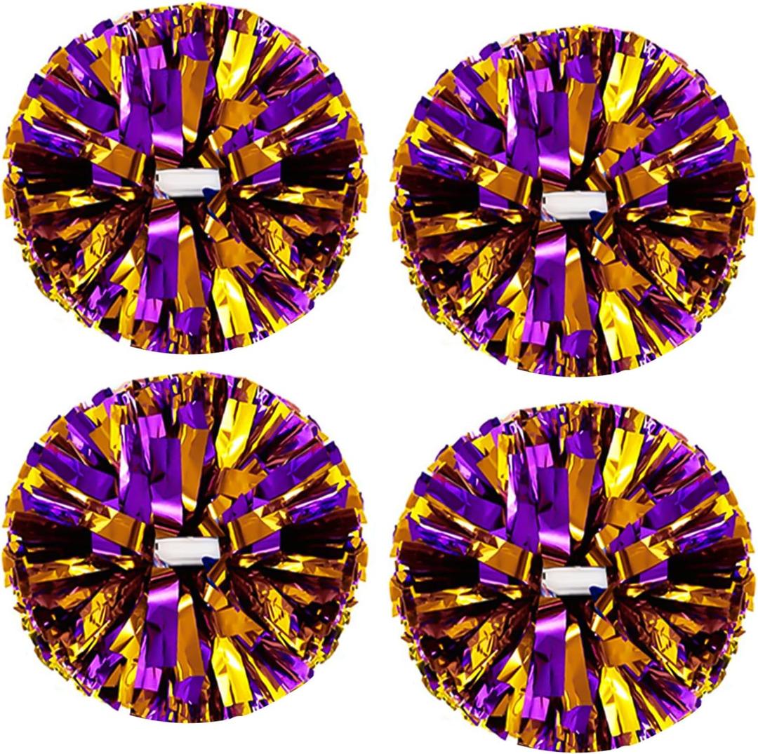 4Pcs Metallic Cheerleading Pom Poms, Creatiee 2 Pair Cheerleader Cheering Squad Pompoms for School Sports Dance Games Team Spirit Cheer (Purple-Gold)