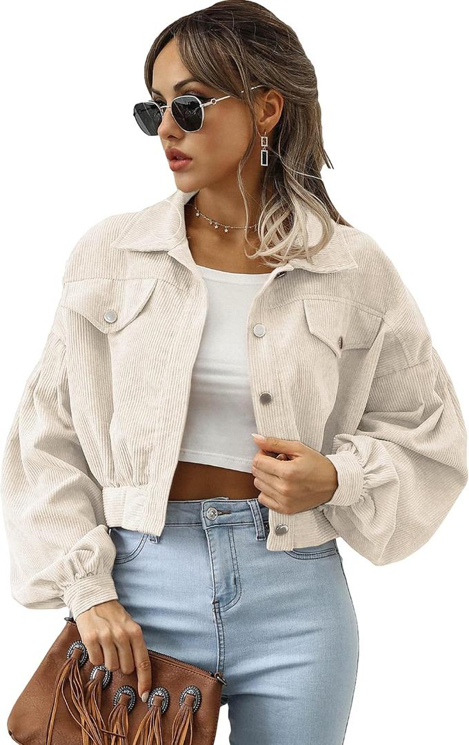 Qiaomai Womens Cropped Corduroy Jacket Loose Button Down Puff Sleeve Shacket Coat (S, Beige)