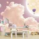 Pink and Purple Clouds Wallpaper Hand-Painted Hot Air Balloons Moon Wall Mural for Children's Room Girls Room (Not Peel and Stick)