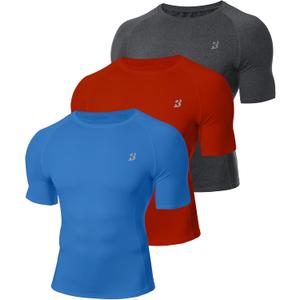 Roadbox Mens Compression Shirt Short Sleeve, 3 Pack Cool Dry Workout Base Layer Undershirts, Athletic T-Shirt for Gym Sports (Gray, M)