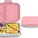 Howeemo Stainless Steel Bento Box Kids, Leak Proof Metal Bento Lunch Box,3 Compartments 304 Stainless Steel Bento Lunch Containers for School and Office, BPAFree(Pink)