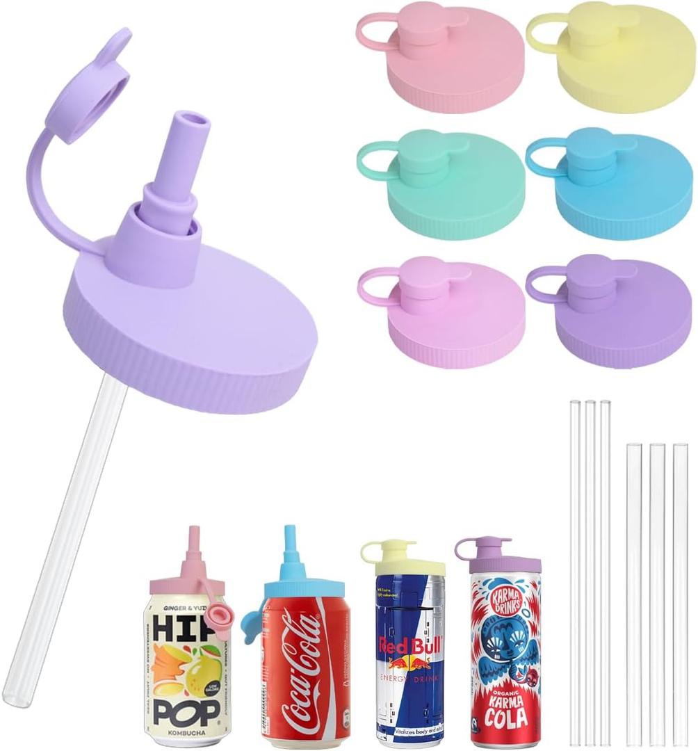 6 Pack Soda Can Lids with Straw, Reusable Can Lids, Silicone Pop Can Cover, BPA Free Silicone Cover, Fits Standard Cans for Soda, Beer, Juice