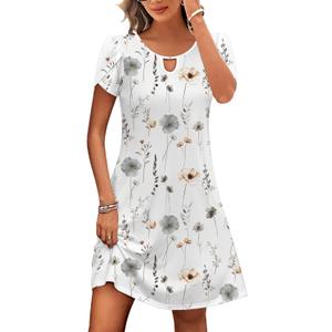 HOTOUCH Womens Casual Dress Short Sleeve Summer Dress with Pockets Round Neck Petite Dress Loose A Line Dress Hawaiian Dresses White-Print XX-Large